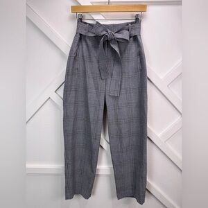 Aritzia Wilfred Plaid Paperbag Waist Tie Pants Gray High Rise Trousers Size 2